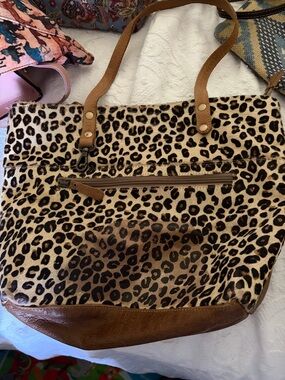 Myra Bag Leopard Print Shoulder Tote with Brown Trim